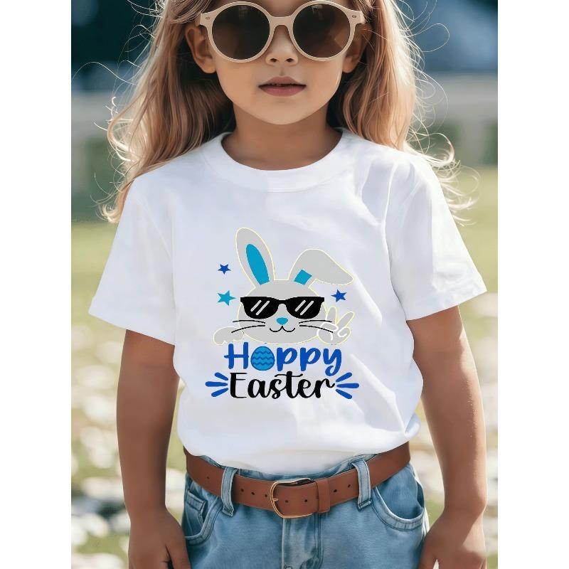 European Sizes Children Girls and Boys Cartoon Style Rabbit Pattern T-Shirt - Stylish Black Background, Trendy Sunglasses Rabbit, Hoppy Easter Design