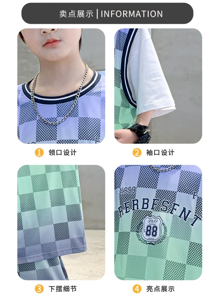 Boys' Basketball Suit Fake Two-piece Set, Summer Thin Ice Silk Quick Drying Sports Two-piece Set, Handsome