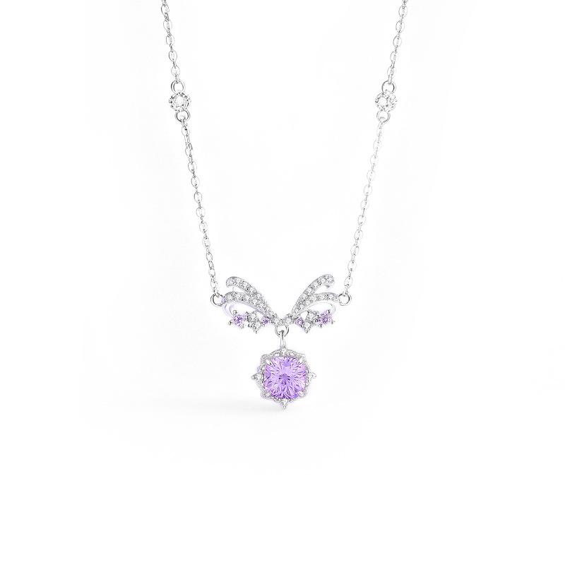 Original Star Bow Princess Necklace Women's Sterling Silver Fashion OL Style Light Luxury Fireworks Cut Purple Zircon Collarbone Chain