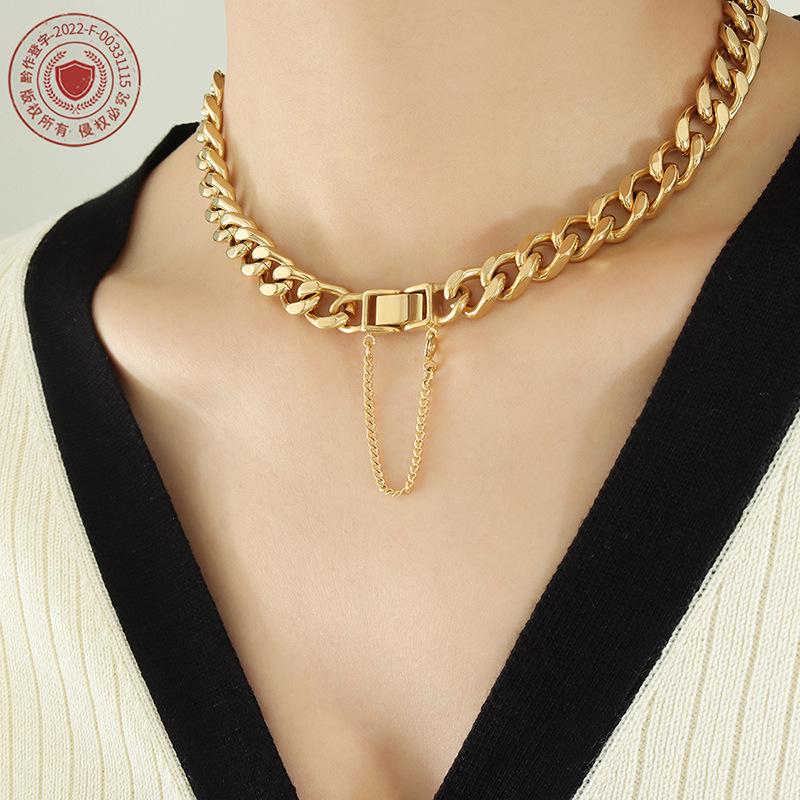 Exaggerated 18K Gold-Plated Titanium Steel Cuban Necklace & Bracelet Set - European/American Hip Hop Style