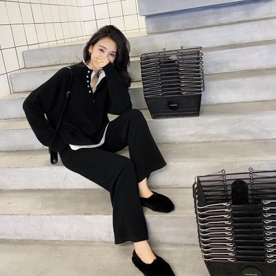 Autumn and Winter Fashion Knitted Suit Women's Hong Kong Style Retro Leisure Long-sleeved Sweater Wide Leg Pants Suit