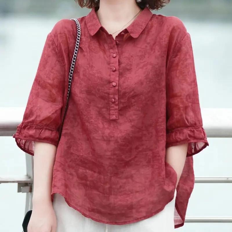 Vintage Floral Print Polo Neck Shirt For Women Summer Casual Loose Fit Blouse