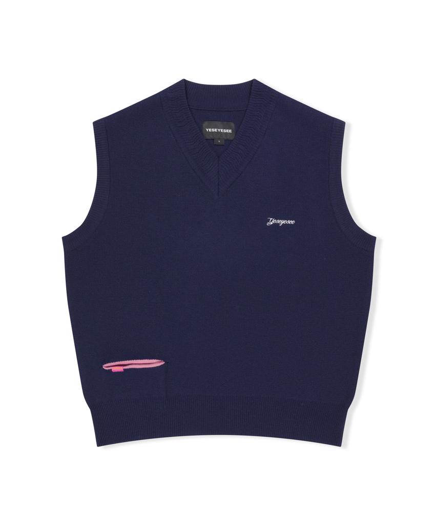 Yeseyesee One Pocket Knitted V-Neck Vest Navy