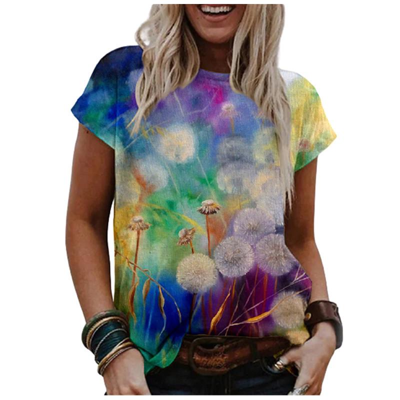 Damen Aquarellmalerei Blumendruck Rundhals Kurzarm T-Shirt