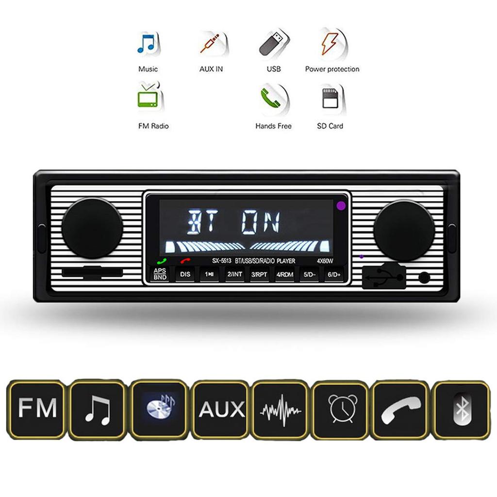 1din 5513 Car MP3 Player with FM Modulator, Bluetooth Music, Vintage Audio, USB Stereo Radio with AUX Function, Hands-Free AUX