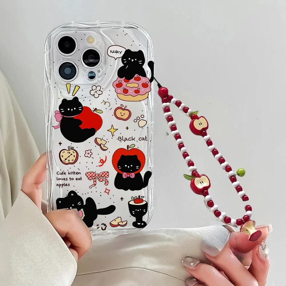 Cute Cat With Apple Fruit Chain Case For Google PIXEL 7 8 9 10 Pro XL 7A 8A Soft Silicone Wave Side Cartoon Cover