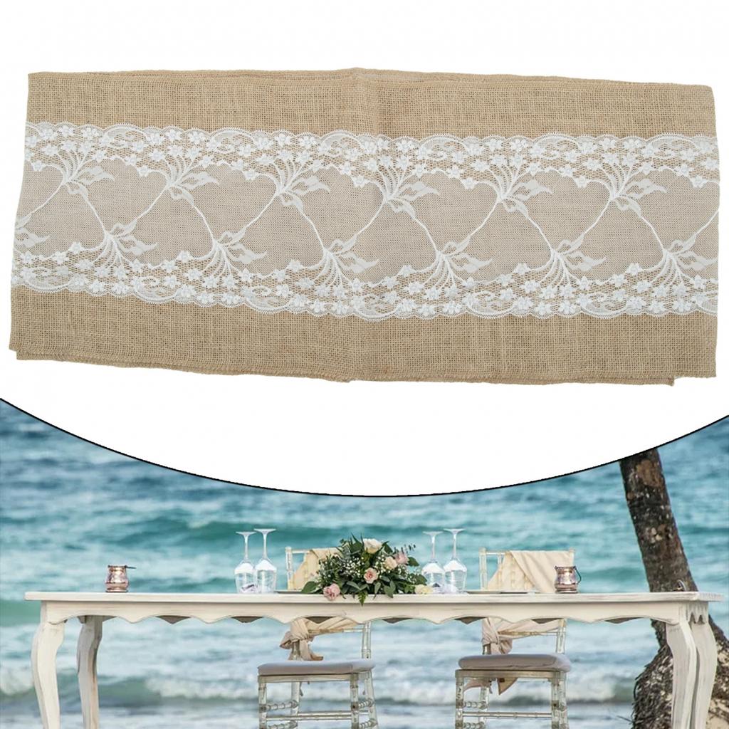 Tavola Runner 30x275cm Lino Misto Juta con Bordino in Pizzo per Ogni Occasione