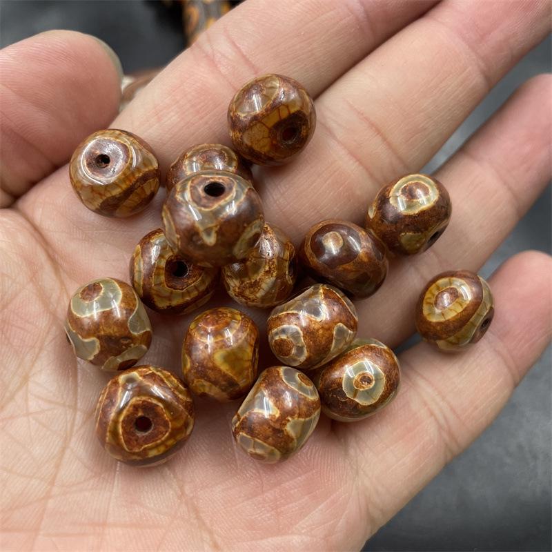 Retro Aged Three-Eyed Dzi Agate Abacus Beads & Double-Eyed Barrel Beads with Copper Coin Laces