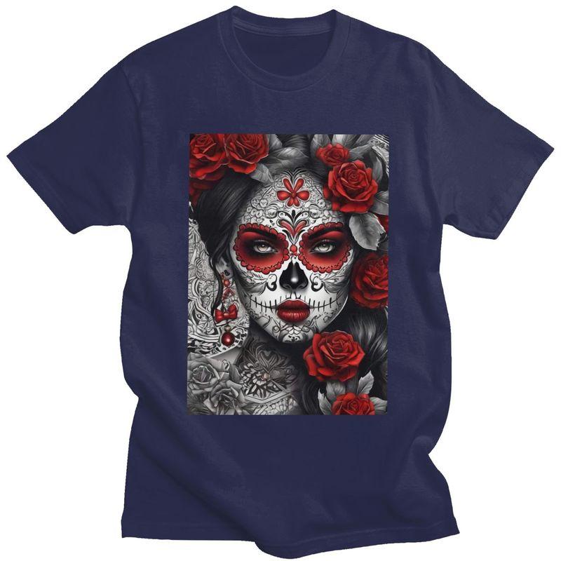 Custom Mexican Catrina Sugar Skull Lady Tshirt for Men Short Sleeves Casual T Shirt Tshirts Slim Fit Pure Cotton Tees Gift