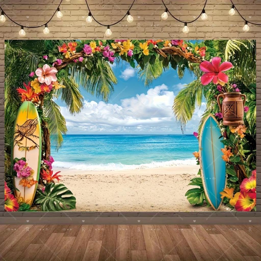 Summer Beach Holiday Party Decoration Backdrop Sunshine Flamingo Ocean Surfboard Portrait Photography Background Props Banner