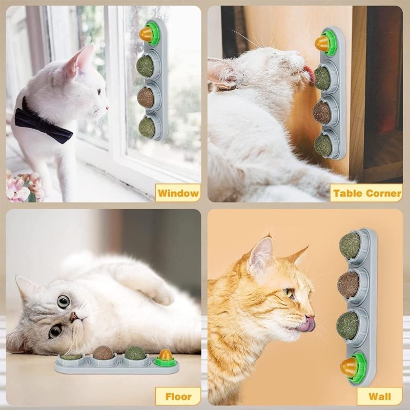 Catnips Toy Edible Ball Set Wall Mount Rotatable Natural Licking Treat Toy for Kitten of Various Age 8" Long Base X3UC