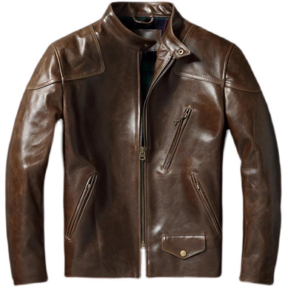 Chinese Size Style RL Top Layer Oil Waxed Cowhide Real Leather Jacket Men Stand Collar Brown Coat Men's Biker Jacket Spring Autumn