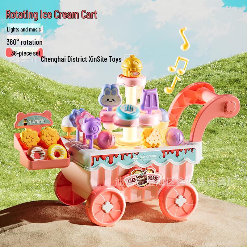 Kids Ice Cream Cart Toy with Lights, Sounds, and Music - Pretend Play Push Cart Gift.