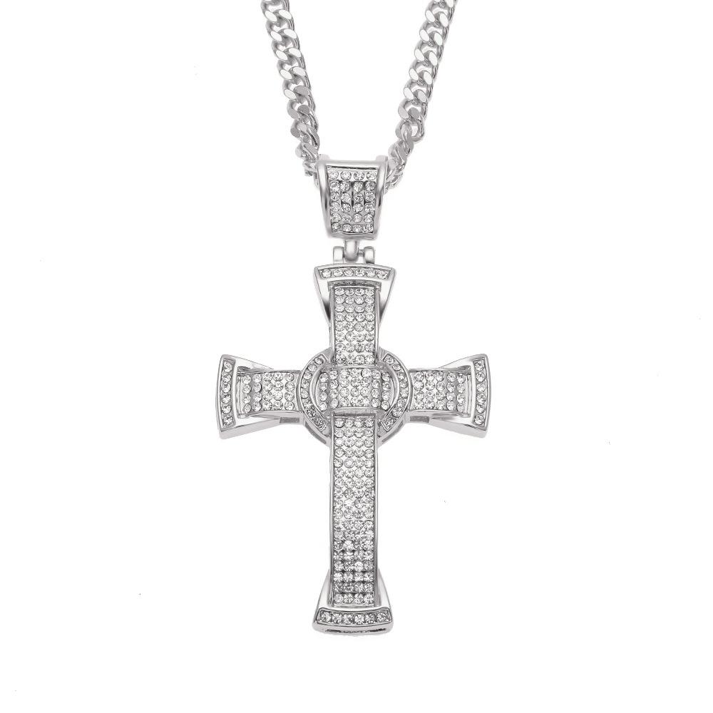 Hip Hop Classic Diamond Cross Pendant Alloy Necklace Men's Hiphop Rap Necklace Hiphop Pendant