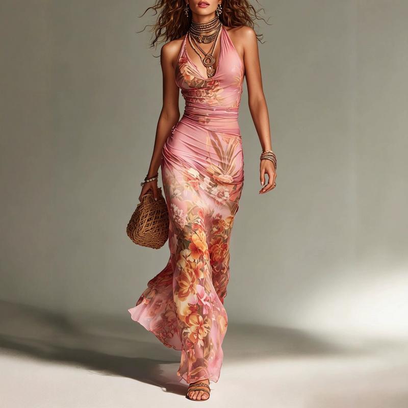 Abito Estivo Bohemien da Donna Retro Stampato Schiena Nuda con Bretelle e Fasciatura Monopezzo Orlo Ampio Stile Vacanza