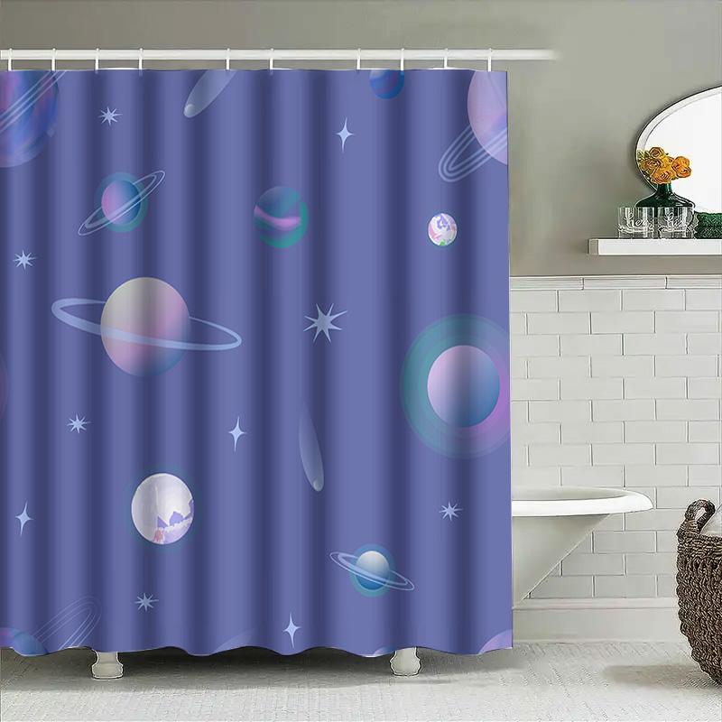 Space-Themed Shower Curtain With Rings And Planets Lavender Color For Bathroom Decoration!