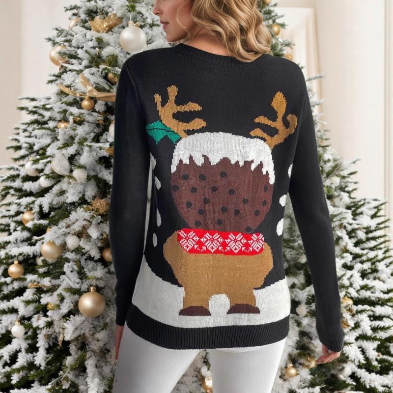 Womens Christmas Knit Sweater With Deer Motif Jacquard Round Neck Long Sleeve Pullover