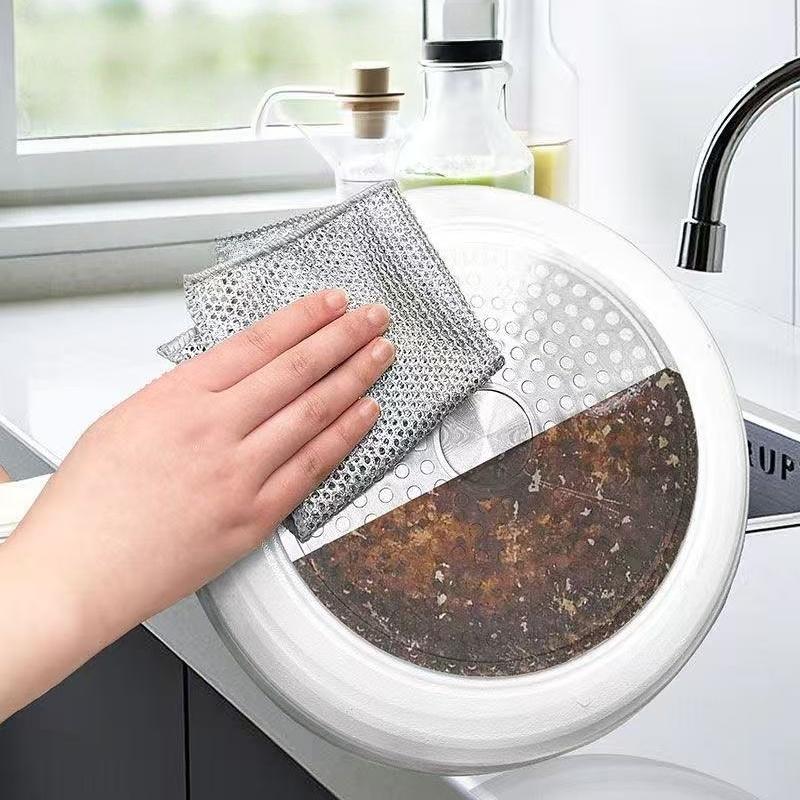 Steel Wire Cleaning Cloth Kitchen Rag Non-scraping Dish Towel Double-sided Household Stove Pot Cleaning Towel Silver 1pcs/5pcs/10PCS