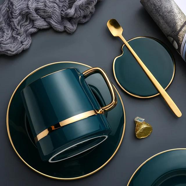 Simple Modern Ceramic Spoon Set Gold Metal Tea Cup Vintage Reusable Tazas De Cafe Drinkware Coffee