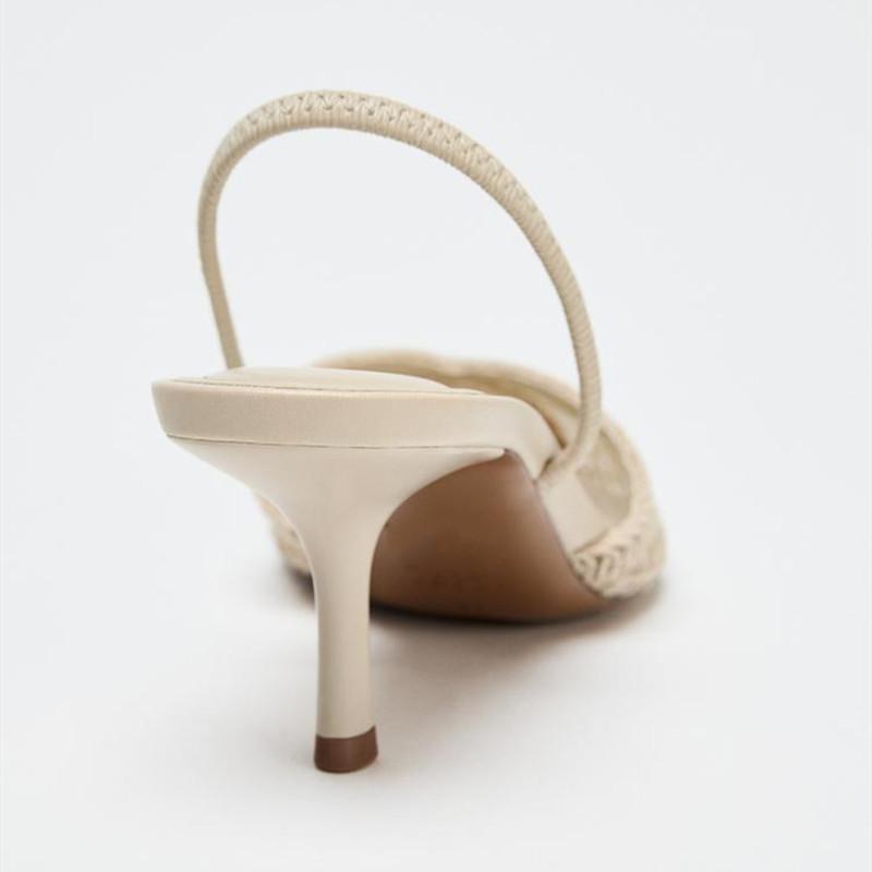 Fashion Mesh Woven Design Thin High Heels Women Sexy Pointed Toe Breathable Back Strap Heeled Sandals Elegant Beige Party Dress Shoes