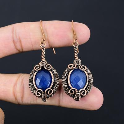 Lab-Created Blue Sapphire Gemstone Handmade Pure Copper Wire Wrapped Earring Jewelry