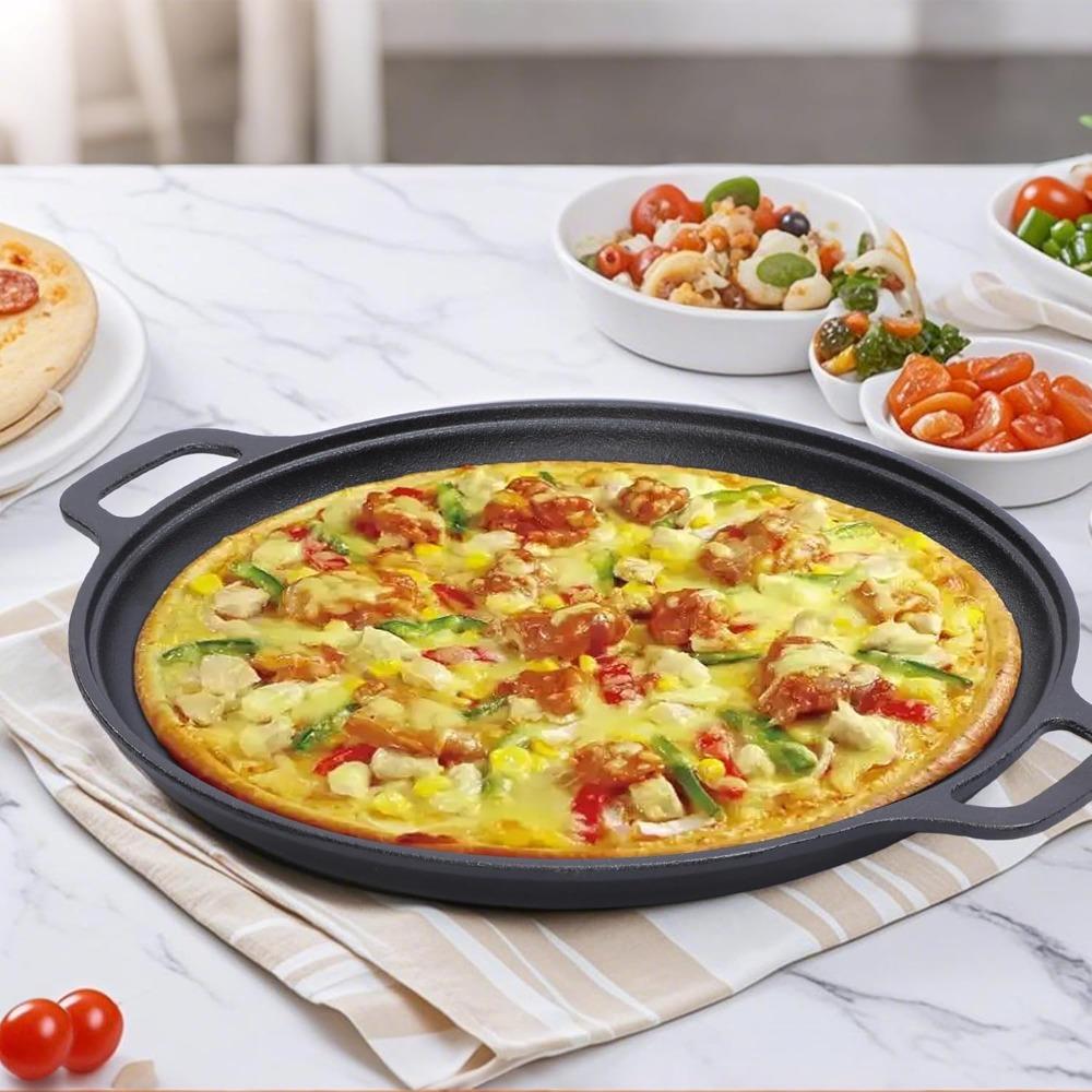 1Pcs Round Double Handle Cast Iron Frying Pan Grill Pancake Pizza Pan Kitchen Cooking Pan for Camping Pancakes and Pizza