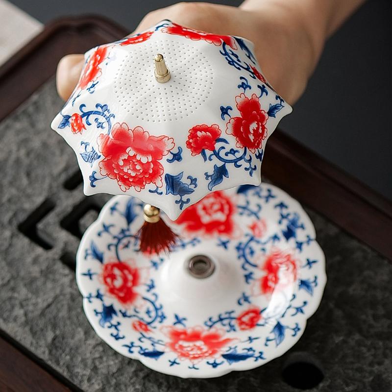 1 juego Paraguas Colador de Té de Flor de Peonía Cuencos de Té Cerámica Coladores de Té Accesorios para Ceremonia Forma de Paraguas Juego de Té Creativo 2 estilos