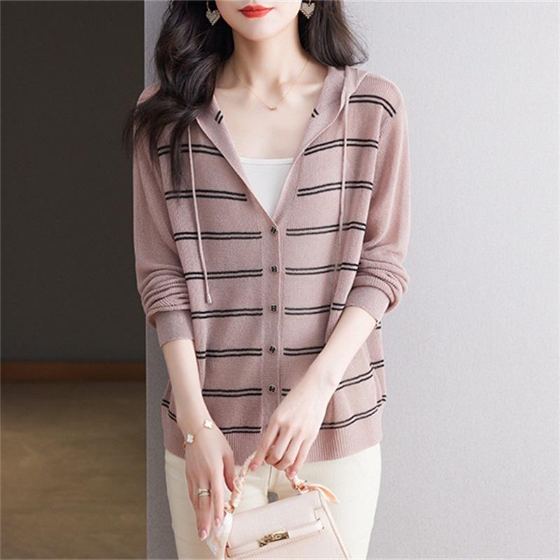 Striped Hooded Sun Protection Cardigan for Women Loose and Slimming Knitted Shirt Sweater