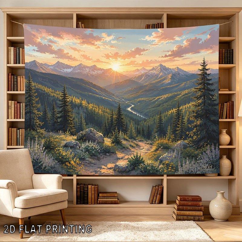 2D Flat - 2D Flat - 1pc 2D Flat Tapestry Mountain Valley Sunset Landscape Wall Hanging