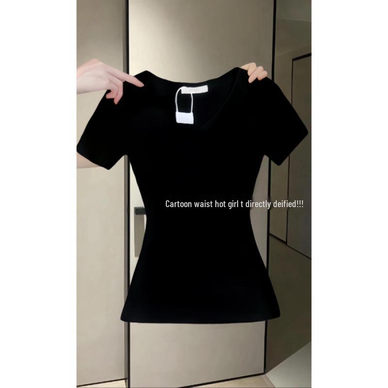 

Тщательно подобранная приталенная футболка с коротким рукавом для женщин - Стильный, облегающий талию, подчеркивающий фигуру летний тренд L чёрный