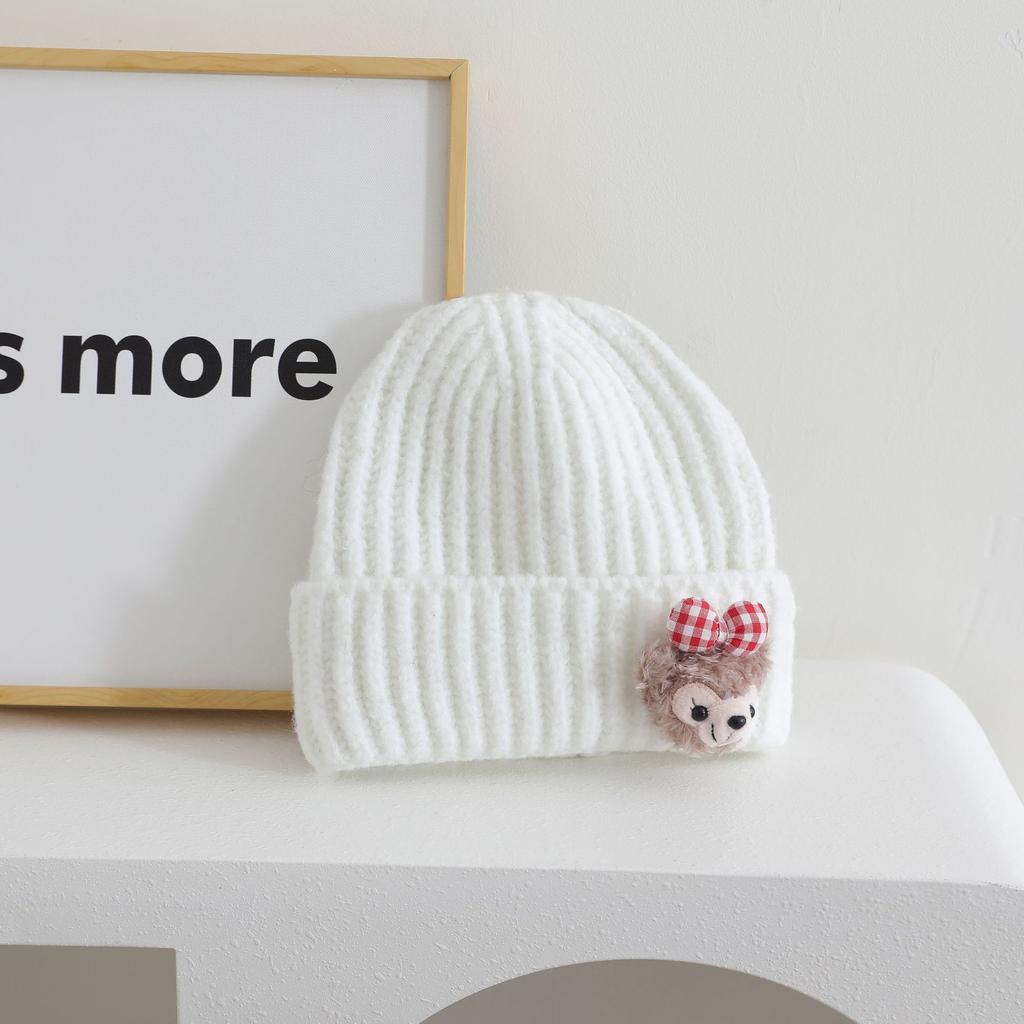 Cute Doll Pattern Label Knitted Hat for Women Autumn and Winter New Warm and Thickened Cold Hat Showing Face and Small Ear Protection