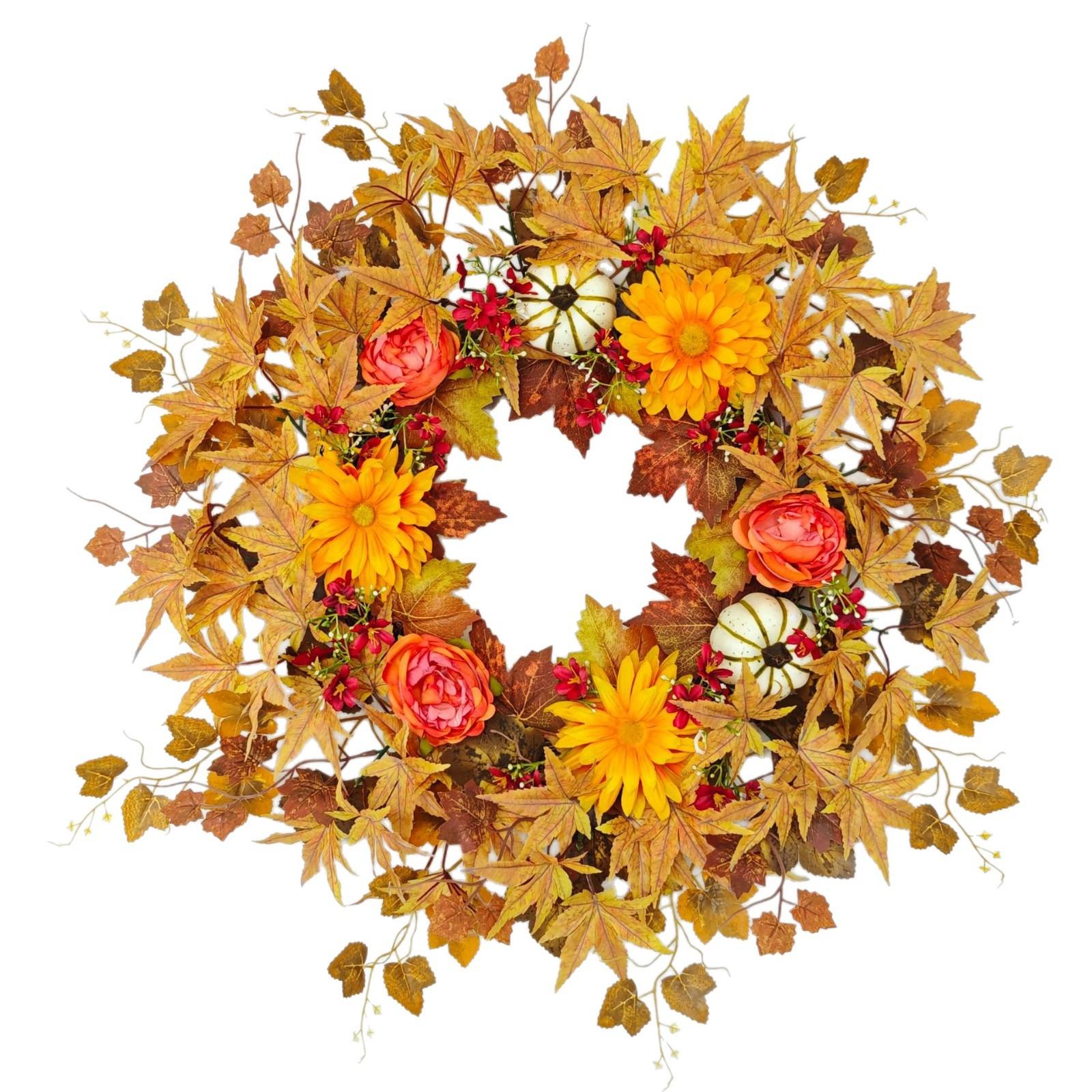 66cm Autumn Thanksgiving Wreath with Pumpkin Maple Leaves Artificial Flowers Decorative Fall Door Wreath for Seasonal Home Decoration One Size