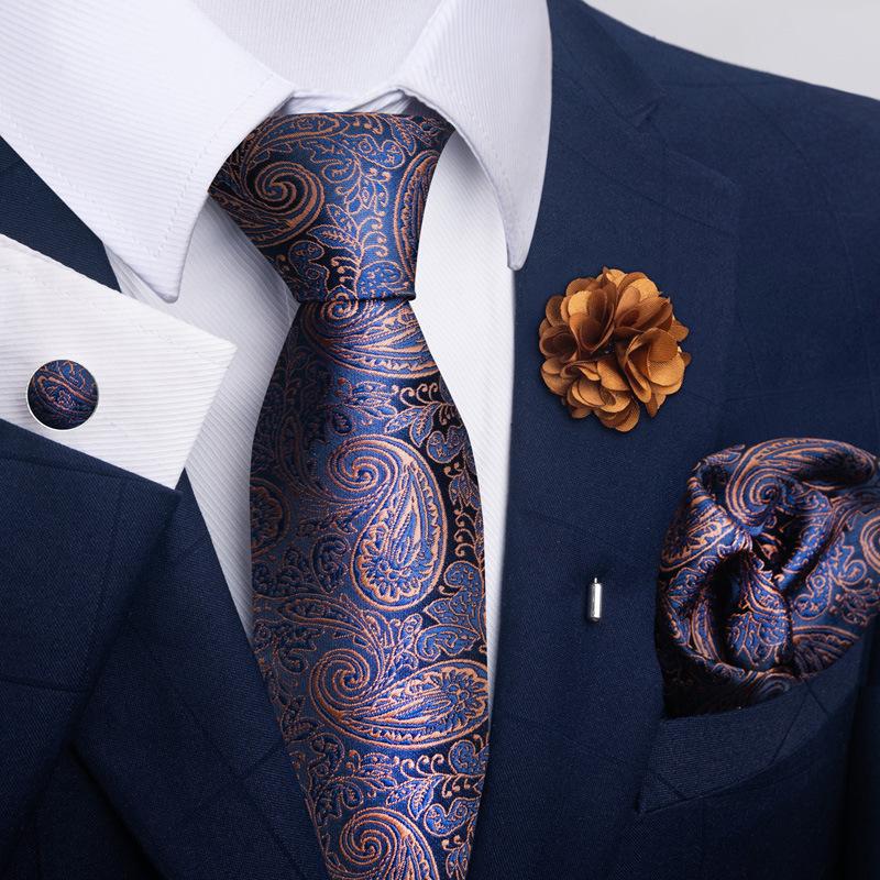 Men 8cm Wide Silk Wed Neck Tie Cufflinks Brooch Pin Handkerchief Business Wedding Party Suits Groom Accessories Gift