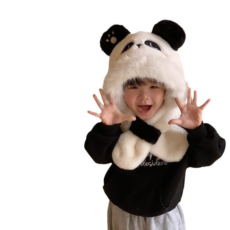 Autumn and Winter Children's Hat and Scarf All in One Thickened and Warm Cartoon Plush Super Cute Panda Plus Velvet Baby Ear Protection Hat