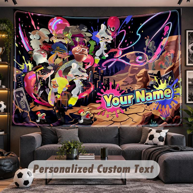 Wall Hanging Tapestry Custom NameSplatoon Pattern Personalized Printed Fabric Wall Decor