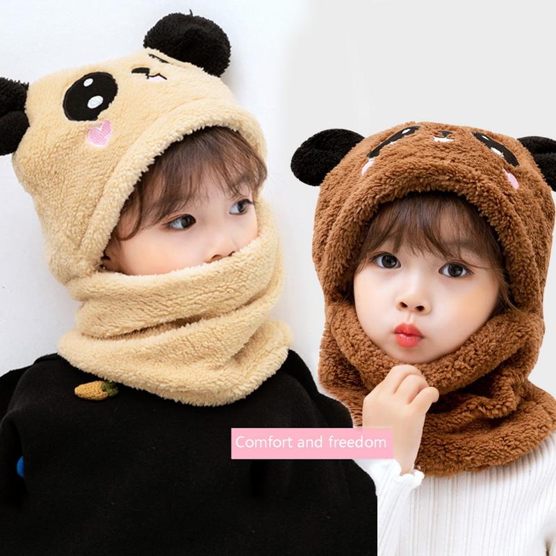 Children Cartoon Cute Bear Rabbit Hat Scarf Girls Boys Winter Soft Thicken Scarves Beanie Double Warm Fleece Kids Hats