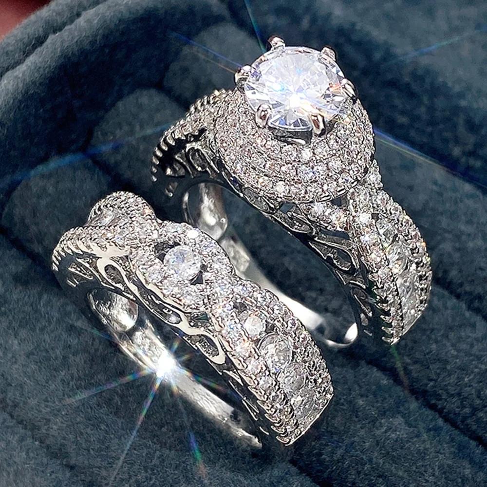 Huitan Alliances de mariage tendance pour femmes Nouveau design de mode 2 pièces Anneaux en zircone cubique AAA Alliances de fiançailles Ensembles de fête Bijoux