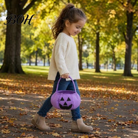 Halloween Party Decoration Pumpkin Candy Bag for Kids, Reusable Non-Woven Trick or Treat Bucket, Bucket Face Snack Holder Basket with Handle