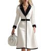 Women's White Black Contrast Notch Lapel Button Front Belted Midi Dress