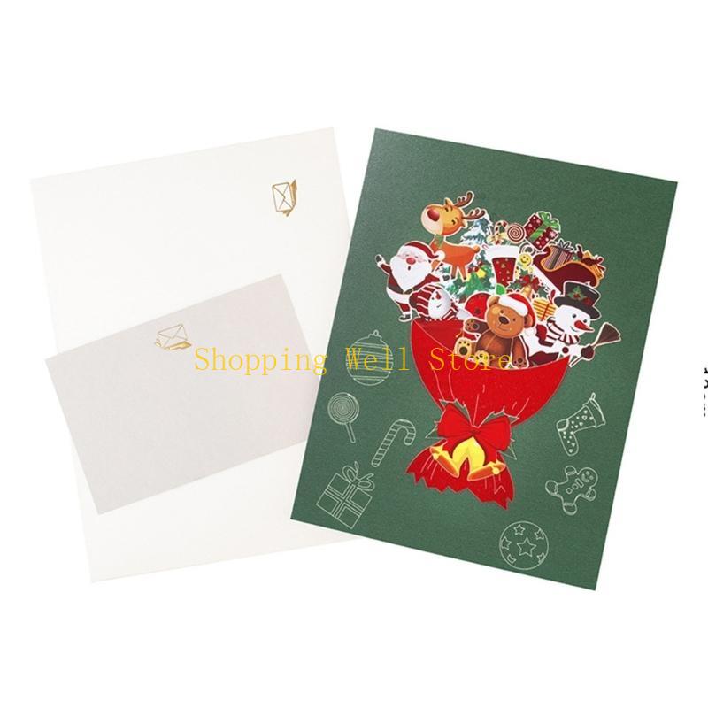 KX4B Christmas Dolls Bouquet with Envelope and Note Handmade Foldable Greeting Card CN
