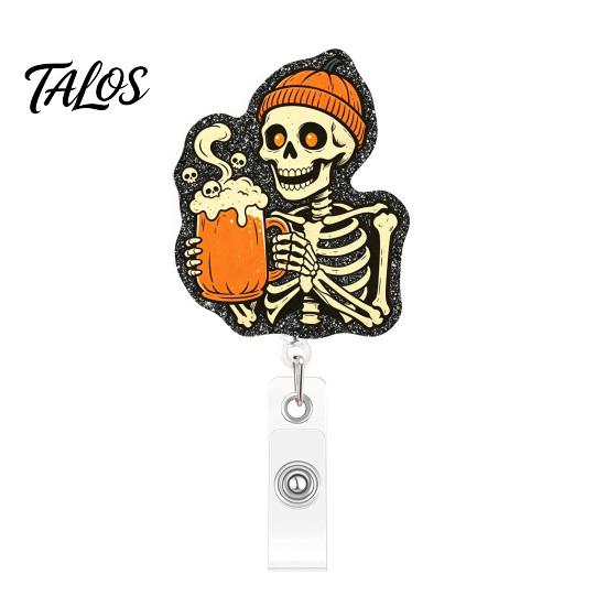Personalized Badge Holder Halloween Retractable Reel, Skeleton And Pumpkin Design, Acrylic ID Card Office Id with Sturdy Metal Clip for Nurses