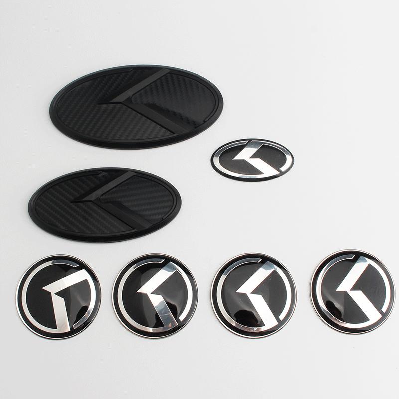 1 SET(7 Pcs) K Logo 3D Emblem Front Grille Trunk + Steering Wheel + Wheel Center Caps Sticker Badge for OPTIMA K5 Forte Koup