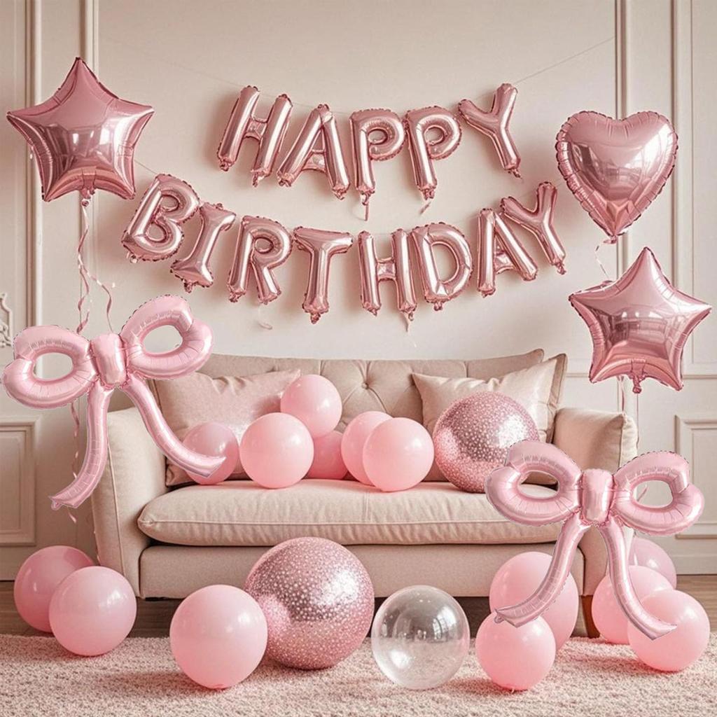 Pink Balloon Set with Bow, Birthday Letters, Colorful Confetti Balloons for Princess Tea Party, Birthday Proposal