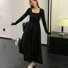 Women's French Black Pleated Square Neck Long Sleeve A-line Dress, Slim Fit Cinched Waist, New for Spring 2026