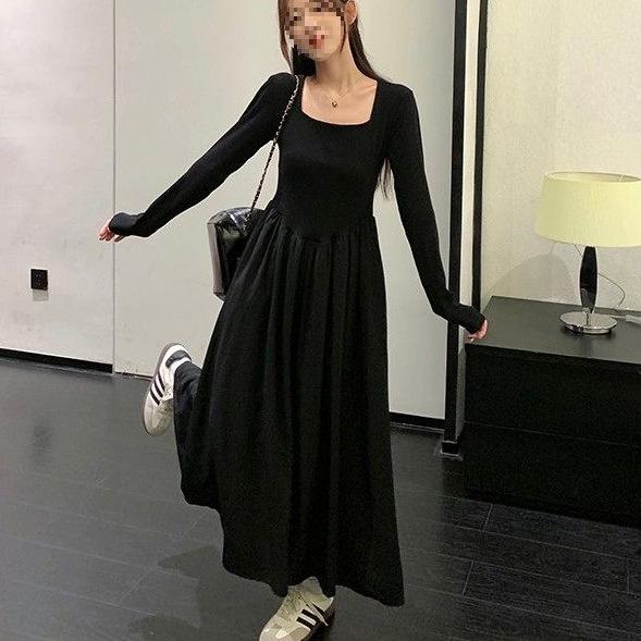 Women's French Black Pleated Square Neck Long Sleeve A-line Dress, Slim Fit Cinched Waist, New for Spring 2026