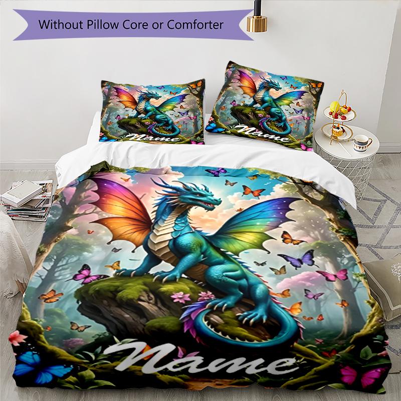 3pcs Custom Name Dragon Bedding Set Duvet Cover Closure Includes 1 Duvet Cover & 2 Pillowcases, Soft and Comfortable for All Seasons.