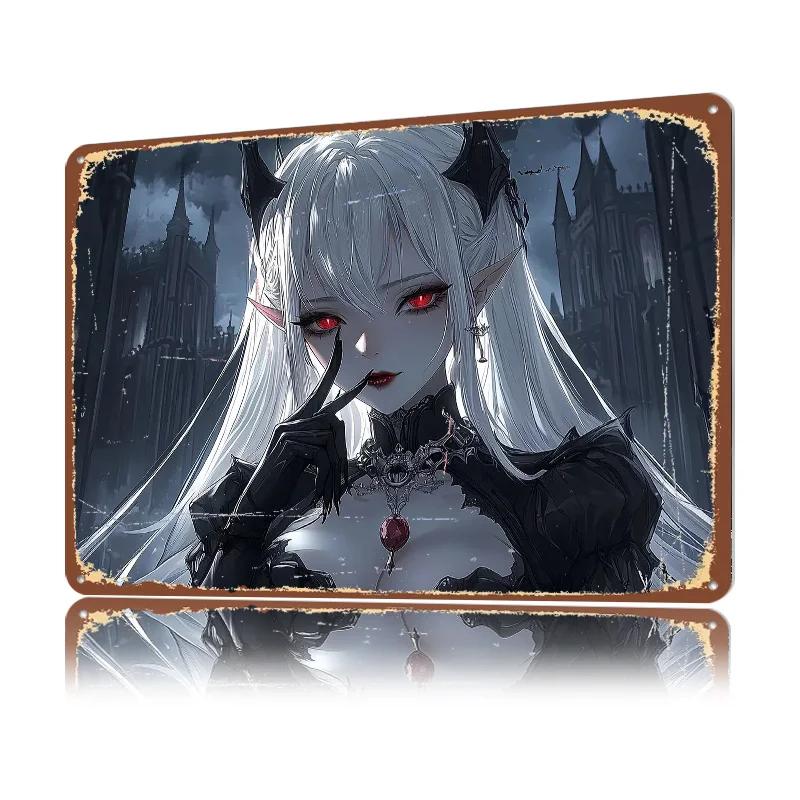 WhiteHaired Demoness D Printed Texture Poster Personalized Wall Art Retro Metal Tin Signs for Office Decoration Gaming House