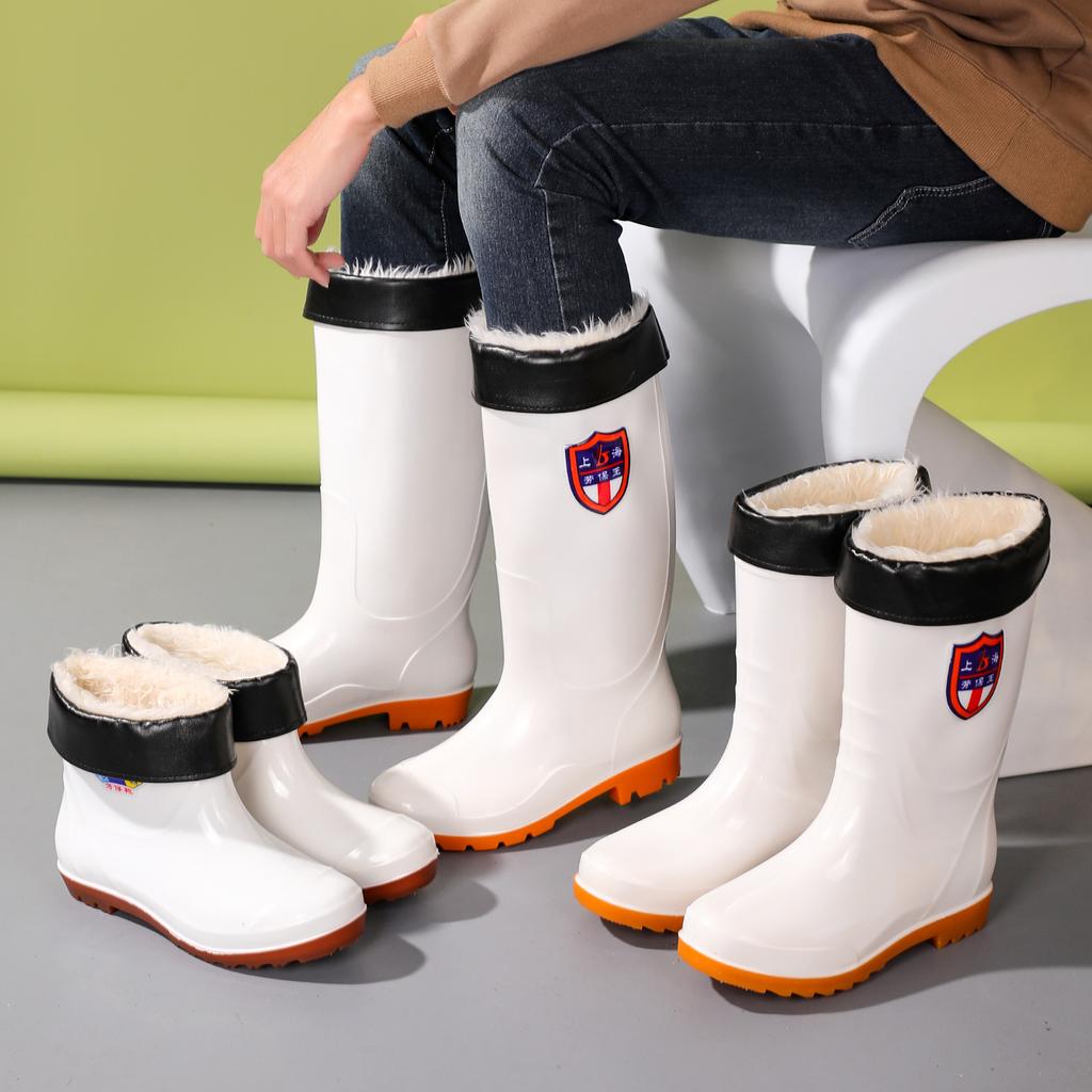 Thickened flat-bottomed white rain shoes men's tall tube non-slip and wear-resistant beef tendon sole women's medium tube food rain shoe water