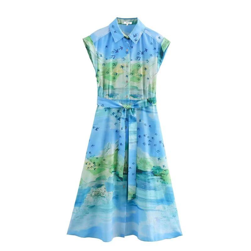 

Zbzr Spring New Women clothes Western Style Fashion Print Flying Bird Loop Flower Shirt Lapel Long dress Dress Blue S