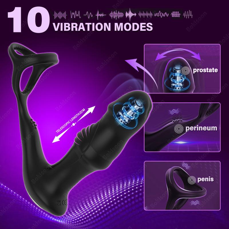 9 Wiggling Swaying Vibrating Anal Vibrator with Cock Ring Thrusting Prostate Massager 3 Powerful Motors Butt Plug